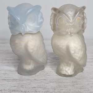 AVON SNOW OWL MOONWIND Powder Sachet FULL 2 PC Blue & Clear Glass Owls No Eyes